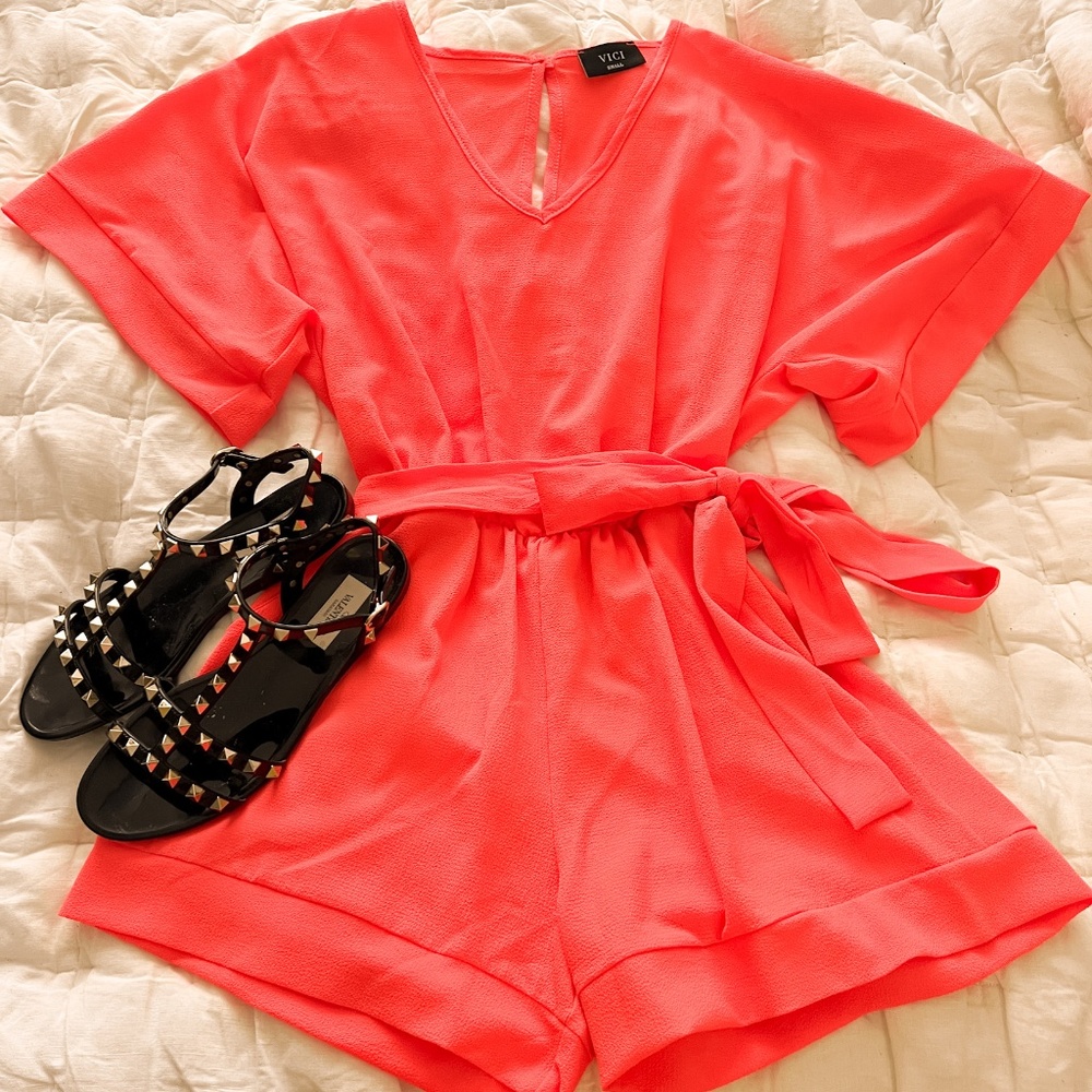 Vici Collection Coral Romper with Pockets | XS